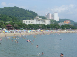 カラフルな遊歩道と海浜緑地が整備されているビーチ