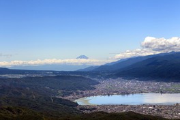 諏訪湖と街の向こうに富士山を望む