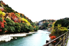 山々の紅葉と宇治川に映る空のコントラスト