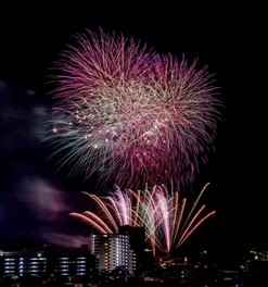 紫と緑の光が重なるダイナミックな打ち上げ