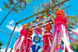 色鮮やかな竹飾りが夏空に映える