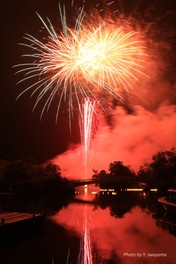 スターマインを始めとする趣向を凝らした花火の数々が湖面と夜空を彩る