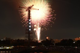 落下傘塔を背に夜空を染める大輪の花火