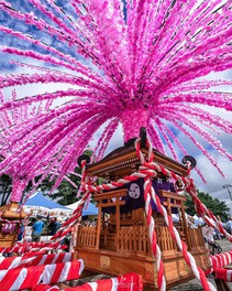 華やかなピンクの装飾で彩られた花みこし