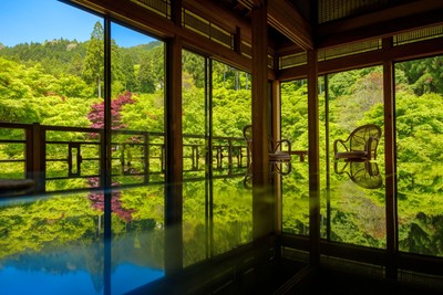 風遊山荘にある漆のテーブルでは青モミジの景色が映り込む