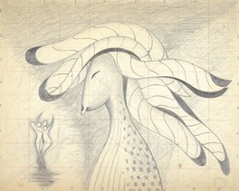 《狐神図(稲荷図 No.4)》の素描 1948年頃 鉛筆 色鉛筆 / 紙