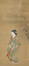 菱川師宣『紅葉下立美人図』1幅、1688年〜1694年(元禄元年〜7年)