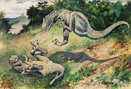 チャールズ・R・ナイト《ドリプトサウルス(飛び跳ねるラエラプス)》1897年グアッシュ・ 厚紙40×58cm