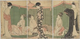 喜多川歌麿画「婦人泊り客の図」江戸時代後期、大判錦絵三枚続(前期展示)