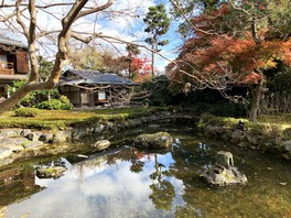 池を中心に広がる庭園に、赤や黄色に染まった紅葉が彩りを添える