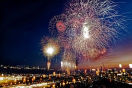 夕暮れ空に咲く大輪の花火が幻想的