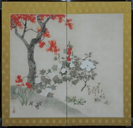 村越向栄　四季草花図屏風　明治時代