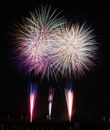 鮮やかな花火が祭りでにぎわう町の空を彩る