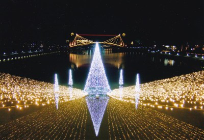 水辺に映えるイルミネーションツリーと天門橋のライトアップ
