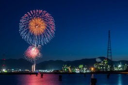 夕暮れに浮かぶ夜景と花火