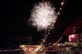 世界の建物を背景に花火が打ちあがる