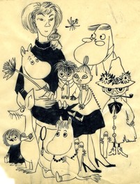 トーベ・ヤンソン「ムーミンたちとの自画像」1952年 インク、紙