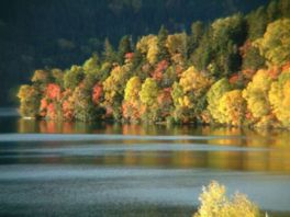 天望山の紅葉が湖面に映えて美しい