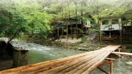 豊かな緑に包まれた川沿いに建つバンガロー