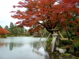 徽軫灯籠付近は水面に紅葉の色が水面に映り、趣きある風景になる