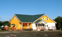 鮮やかな黄色の壁と緑の屋根が目印