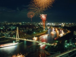 大阪の夜景と花火のコラボレーション