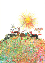 ラ･フォンテーヌの童話「うさぎとかめ」を色彩豊かに表現している