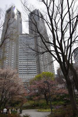 公園のすぐ近くに東京都庁などの高層ビルが立ち並ぶ