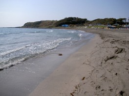 ゆるやかなカーブを描く海岸に沿って砂浜が広がる