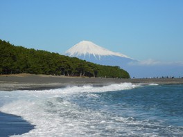波打ち際から眺める富士山もまた格別