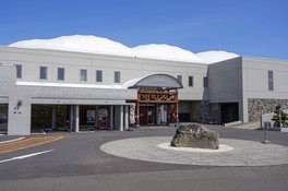 コンクリートの素材を活かした壁と、ドーム球場に似たテント幕屋根が特徴