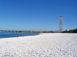 敷き詰められた白い玉石が印象的なビーチ